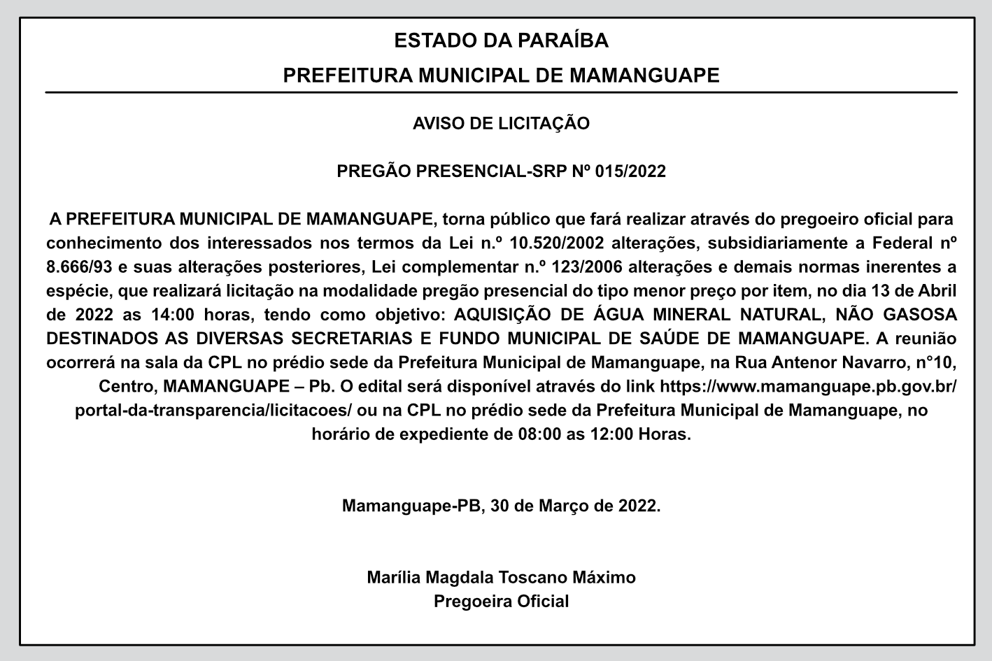 PREFEITURA MUNICIPAL DE MAMANGUAPE – AVISO DE LICITAÇÃO – PREGÃO PRESENCIAL-SRP Nº 015/2022