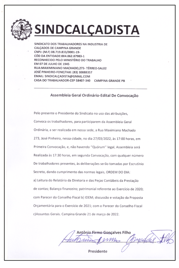 SINDCALÇADISTA – EDITAL DE CONVOCAÇÃO DE ASSEMBLEIA GERAL ORDINÁRIA