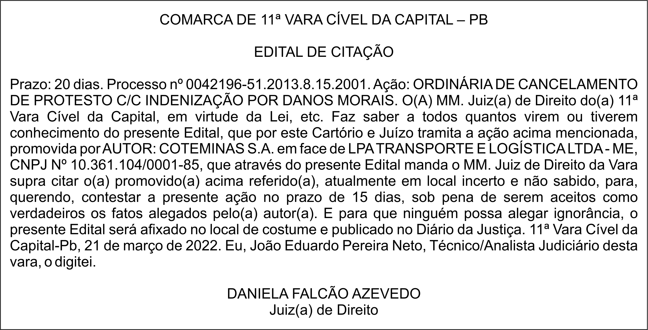 Edital de Citação – Processo nº 0042196-51.2013.8.15.2001.