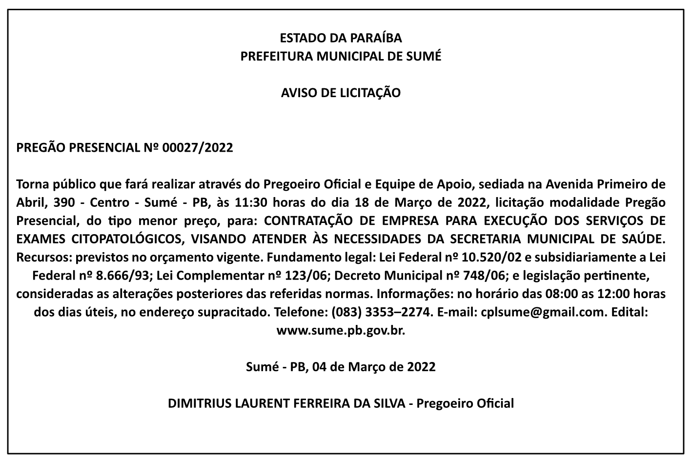 PREFEITURA MUNICIPAL DE SUMÉ – AVISO DE LICITAÇÃO – PREGÃO PRESENCIAL Nº 00027/2022