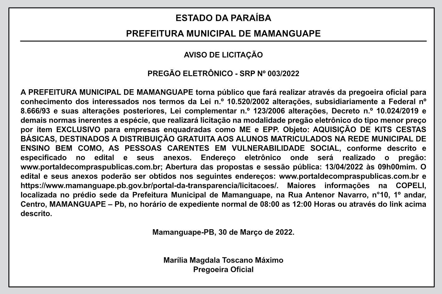 PREFEITURA MUNICIPAL DE MAMANGUAPE – AVISO DE LICITAÇÃO – PREGÃO ELETRÔNICO-SRP Nº 003/2022