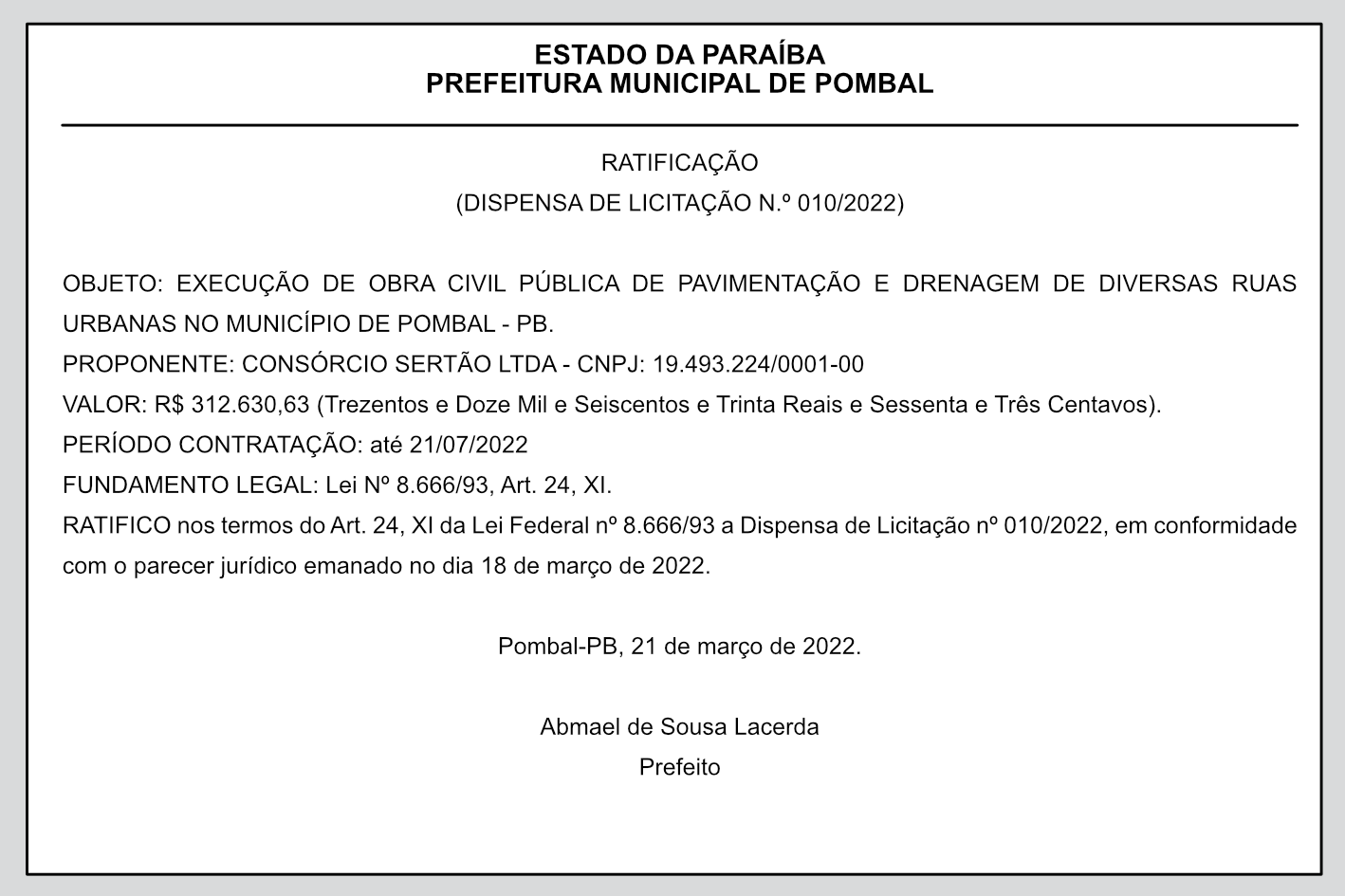 PREFEITURA DE POMBAL – RATIFICAÇÃO (DISPENSA DE LICITAÇÃO Nº 010/2022)