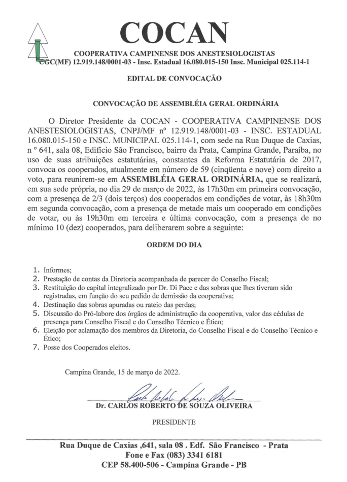 COCAN – EDITAL DE CONVOCAÇÃO DE ASSEMBLEIA GERAL ORDINÁRIA