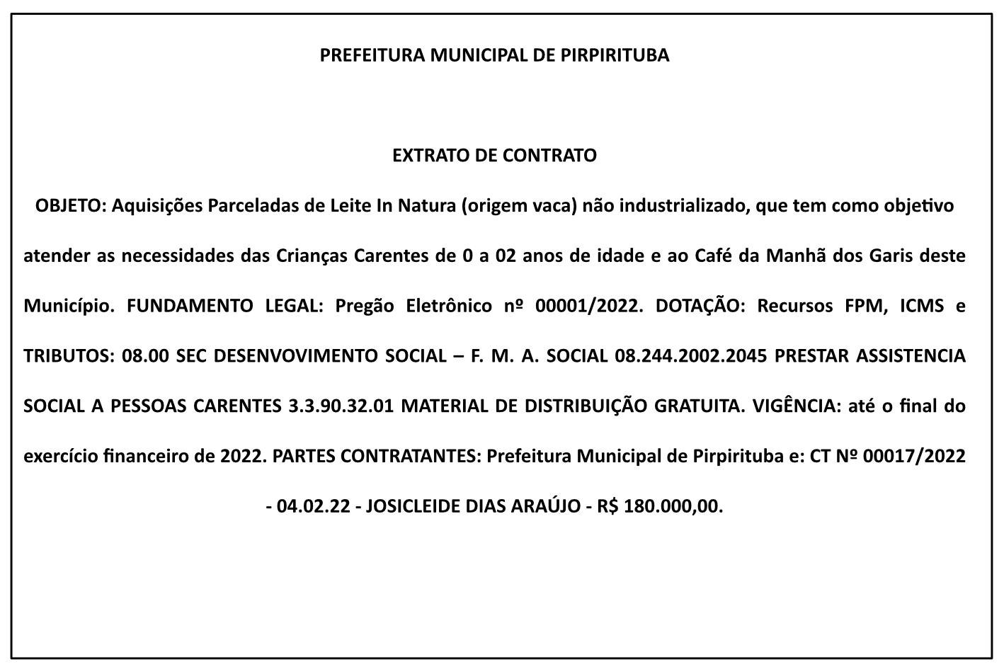 PREFEITURA MUNICIPAL DE PIRPIRITUBA – EXTRATO DE CONTRATO