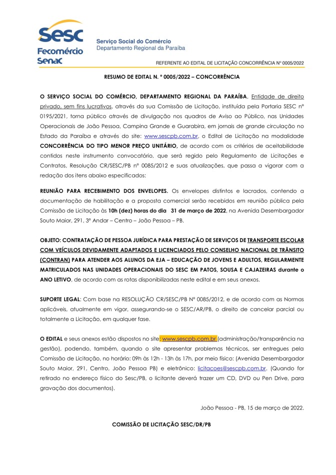 SESC – RESUMO DE EDITAL N.º 0005/2022 – CONCORRÊNCIA