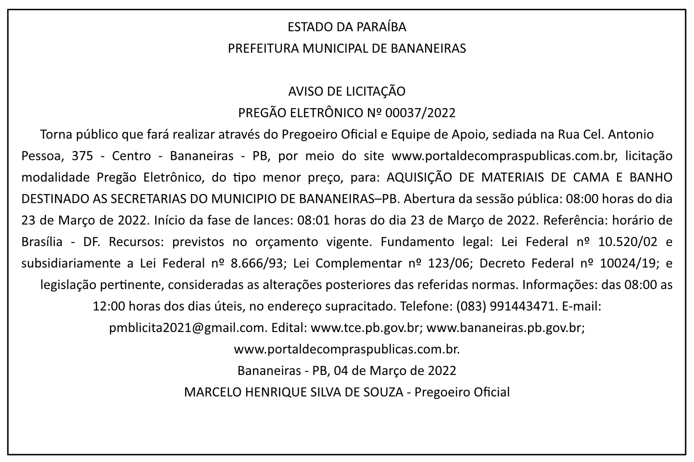 PREFEITURA MUNICIPAL DE BANANEIRAS – AVISO DE LICITAÇÃO – PREGÃO ELETRÔNICO Nº 00037/2022