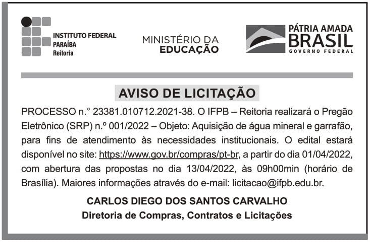 IFPB – PB – JOÃO PESSOA – Edital – Pregão Eletrônico (SRP) n.° 001/2022 – Reitoria