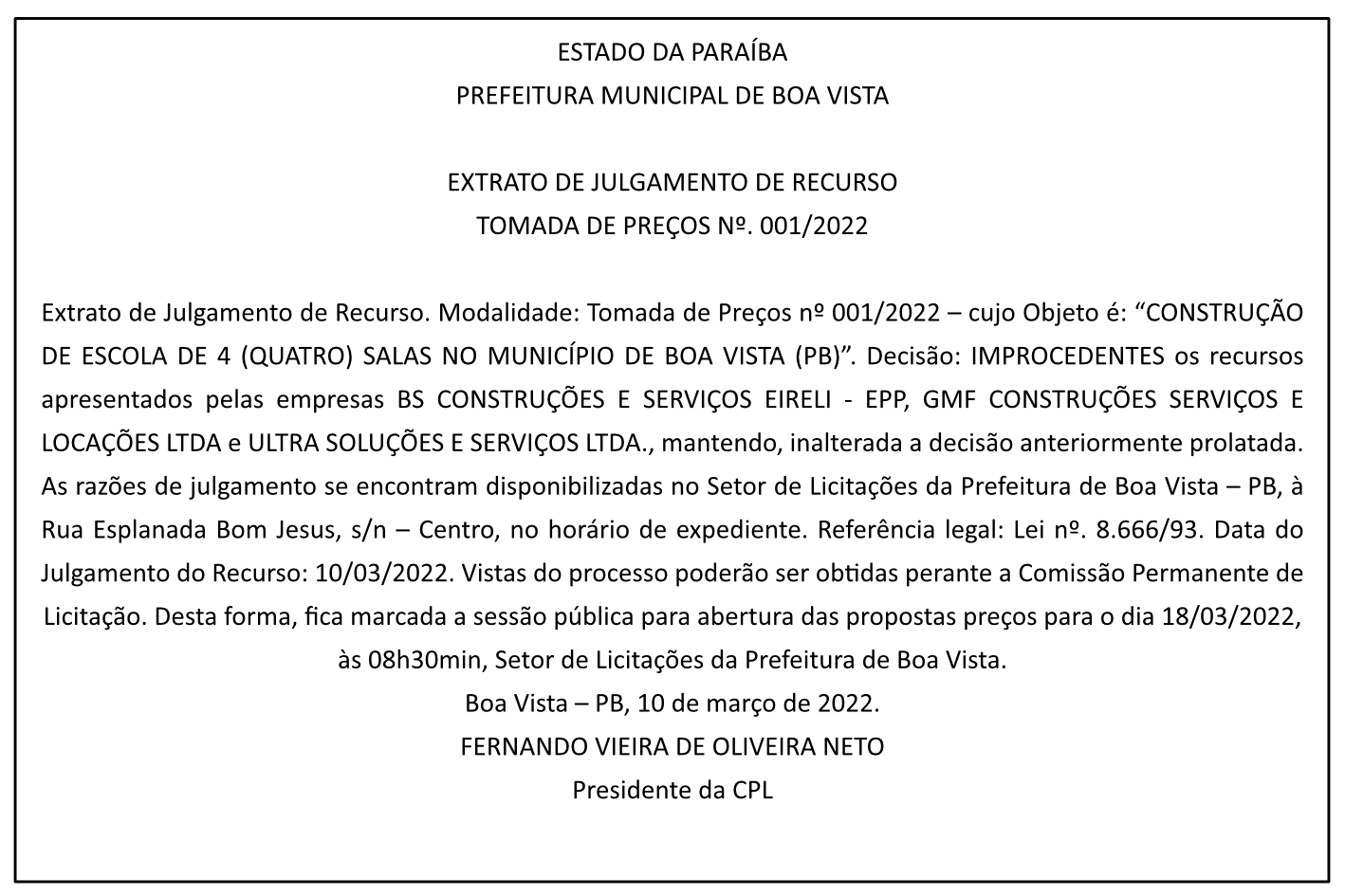 PREFEITURA MUNICIPAL DE BOA VISTA – EXTRATO DE JULGAMENTO DE RECURSO – TOMADA DE PREÇOS Nº 001/2022