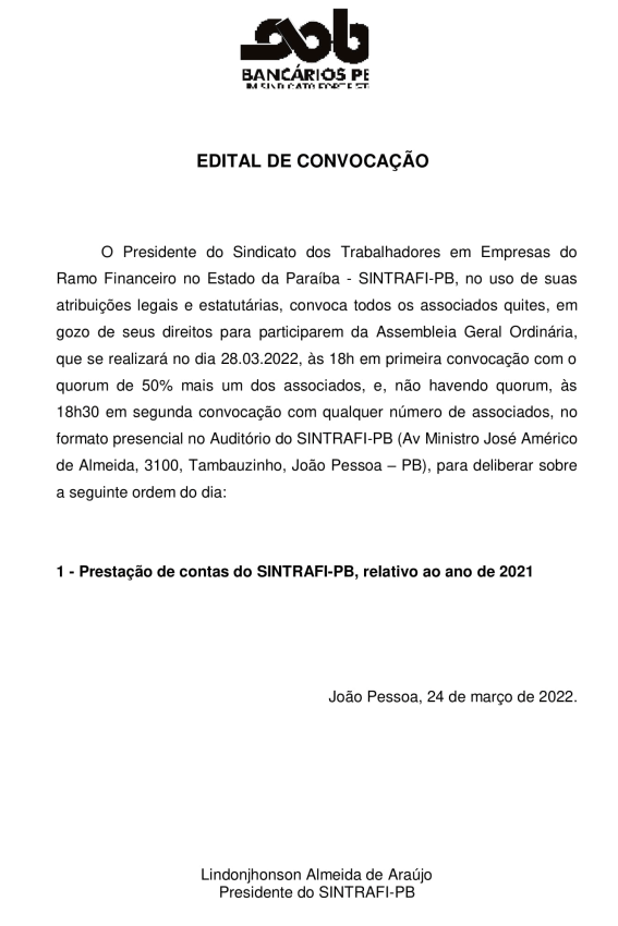 SINTRAFI-PB – EDITAL DE CONVOCAÇÃO