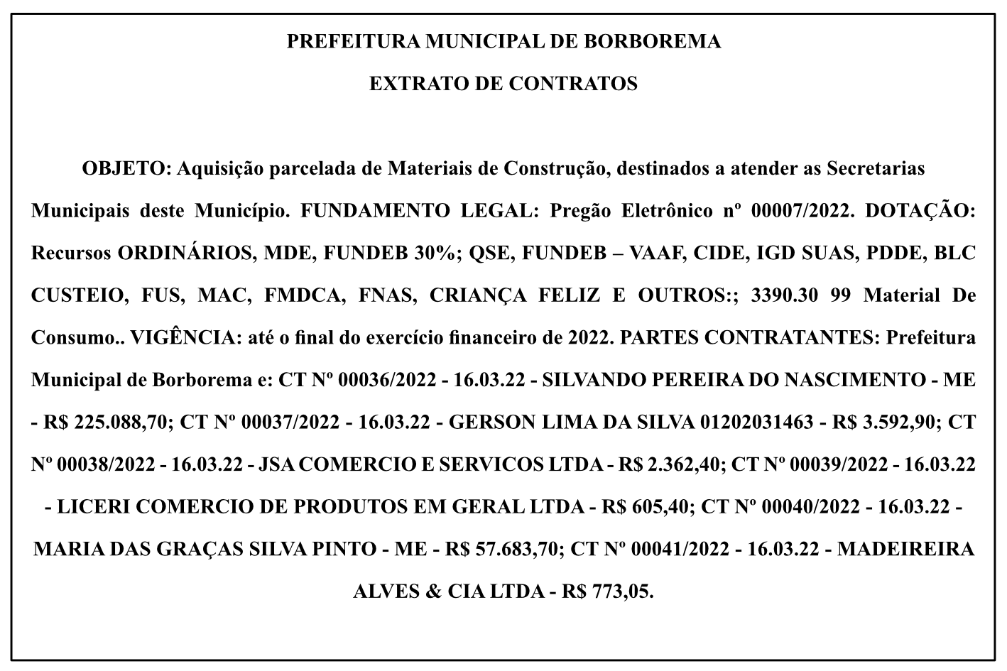 PREFEITURA MUNICIPAL DE BORBOREMA – EXTRATO DE CONTRATOS