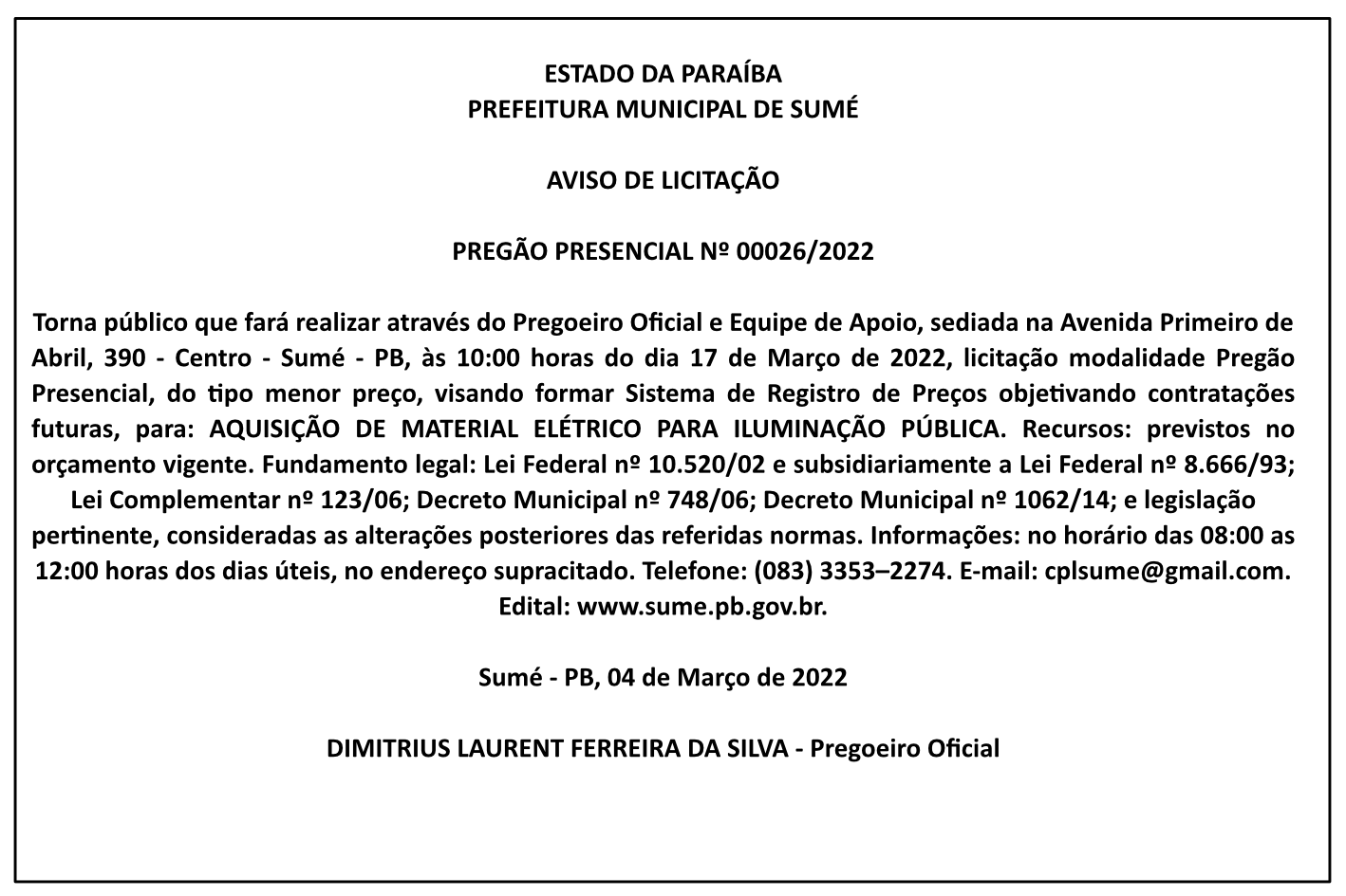PREFEITURA MUNICIPAL DE SUMÉ – AVISO DE LICITAÇÃO – PREGÃO PRESENCIAL Nº 00026/2022