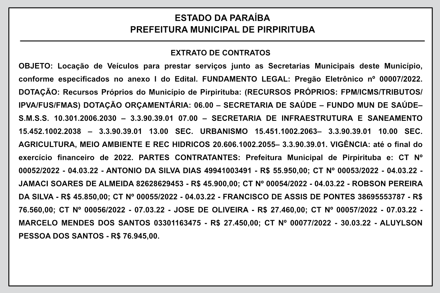 PREFEITURA MUNICIPAL DE PIRPIRITUBA – EXTRATO DE CONTRATOS