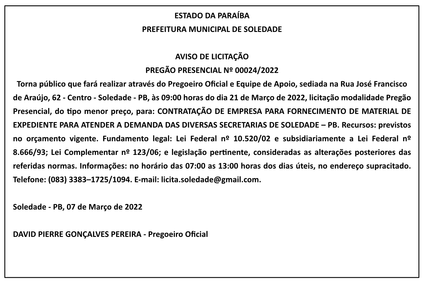 PREFEITURA MUNICIPAL DE SOLEDADE – AVISO DE LICITAÇÃO – PREGÃO PRESENCIAL Nº 00024/2022