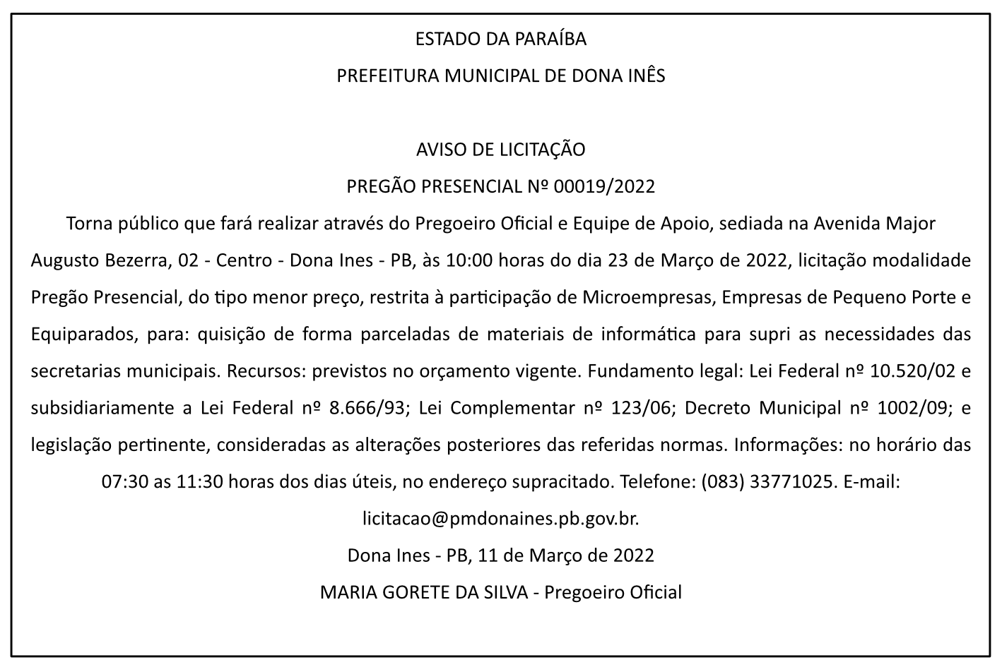 PREFEITURA MUNICIPAL DE DONA INÊS – AVISO DE LICITAÇÃO – PREGÃO PRESENCIAL Nº 00019/2022