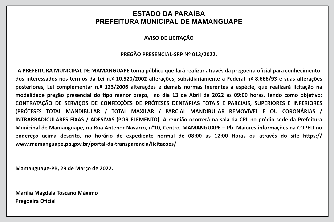 PREFEITURA MUNICIPAL DE MAMANGUAPE – AVISO DE LICITAÇÃO – PREGÃO PRESENCIAL-SRP Nº 013/2022.