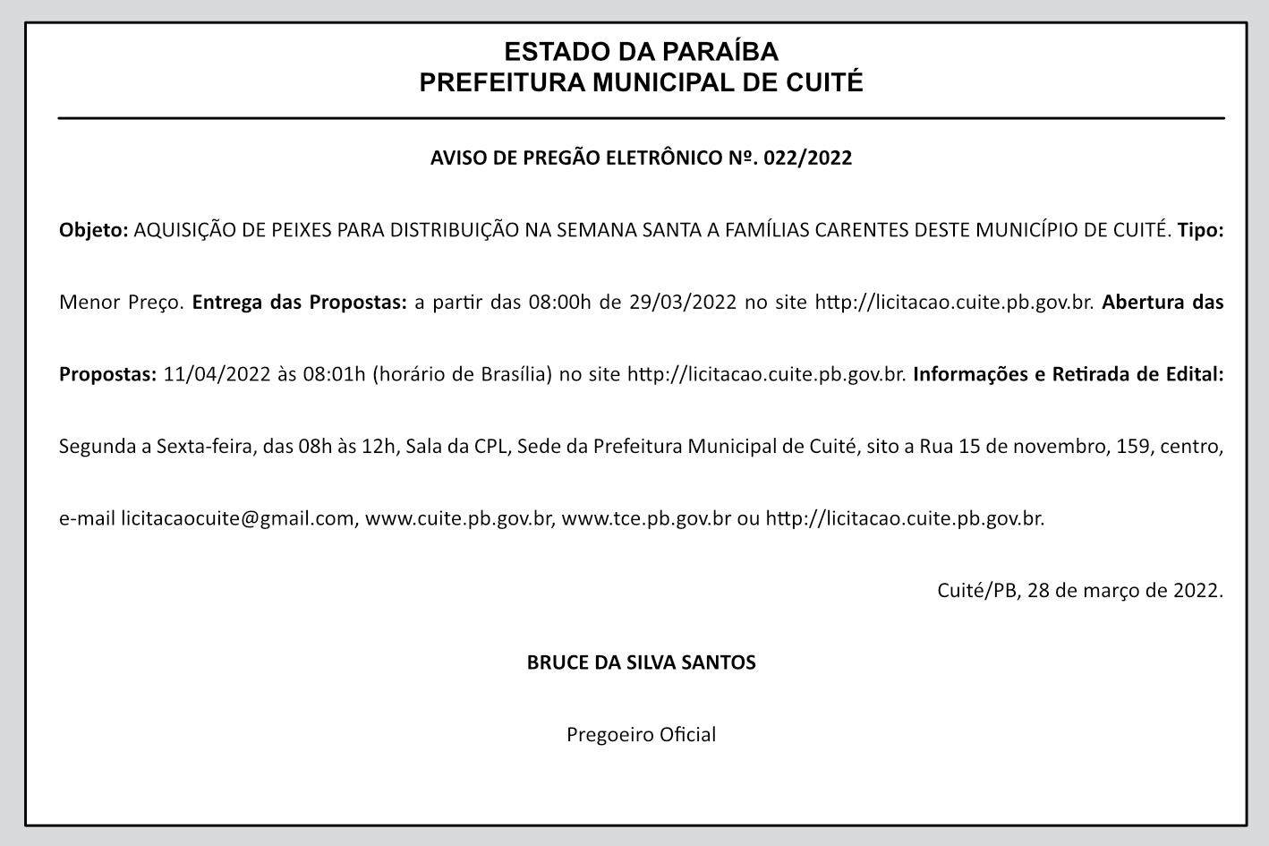 PREFEITURA MUNICIPAL DE CUITÉ – AVISO DE PREGÃO ELETRÔNICO Nº. 022/2022