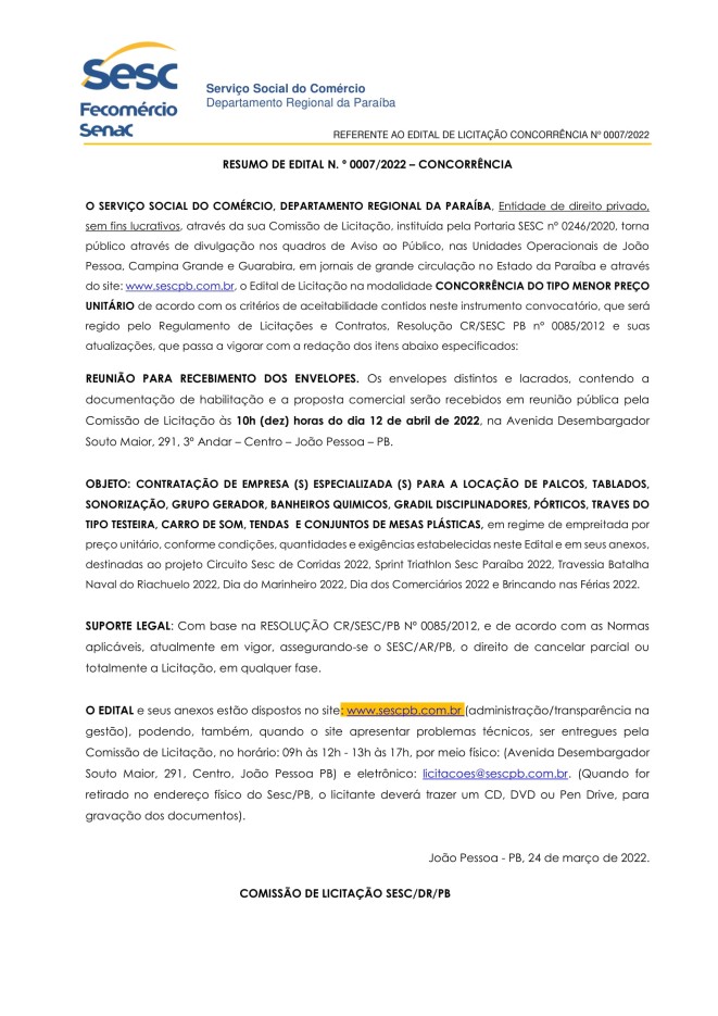 SESC – RESUMO DE EDITAL N.º 0007/2022 – CONCORRÊNCIA