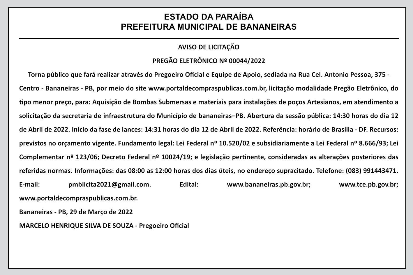 PREFEITURA MUNICIPAL DE BANANEIRAS – AVISO DE LICITAÇÃO – PREGÃO ELETRÔNICO Nº 00044/2022