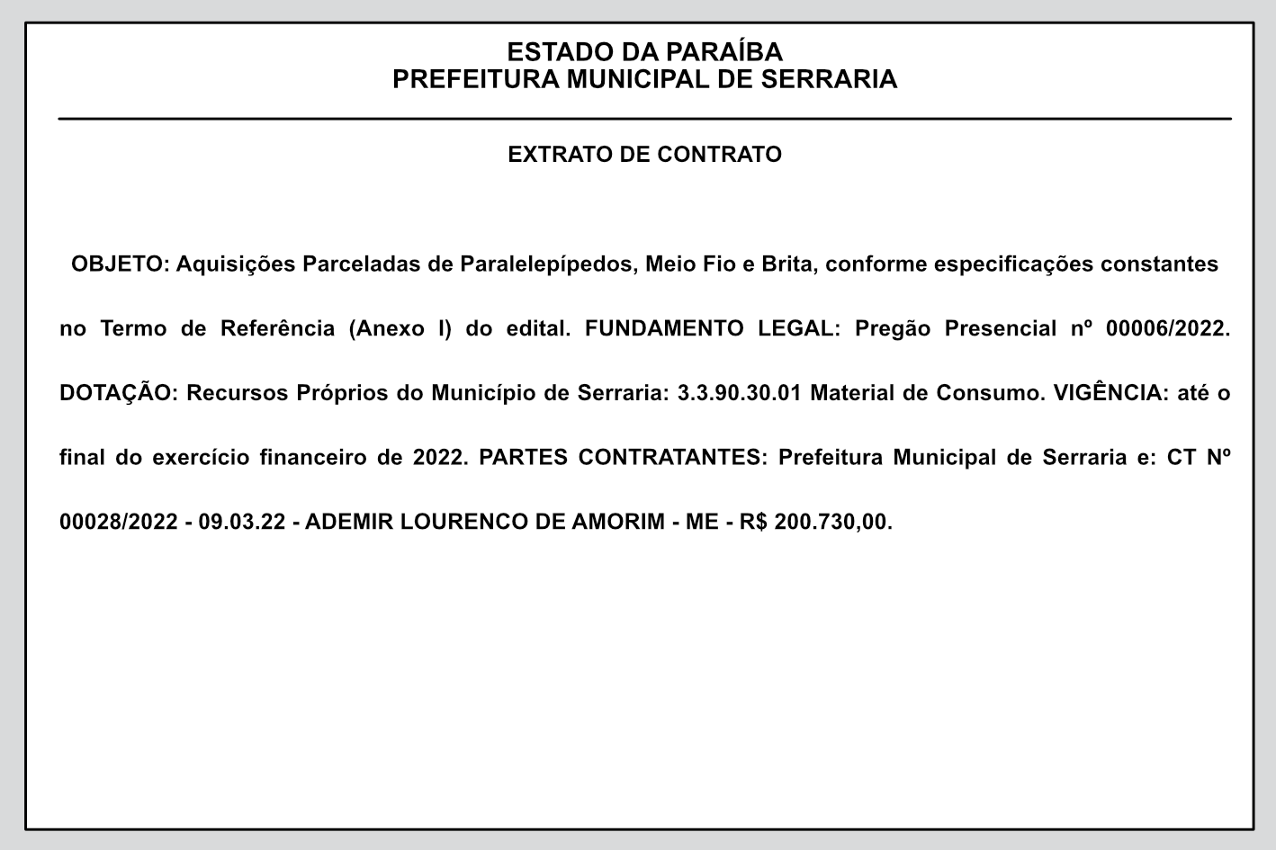 PREFEITURA MUNICIPAL DE SERRARIA  – EXTRATO DE CONTRATO