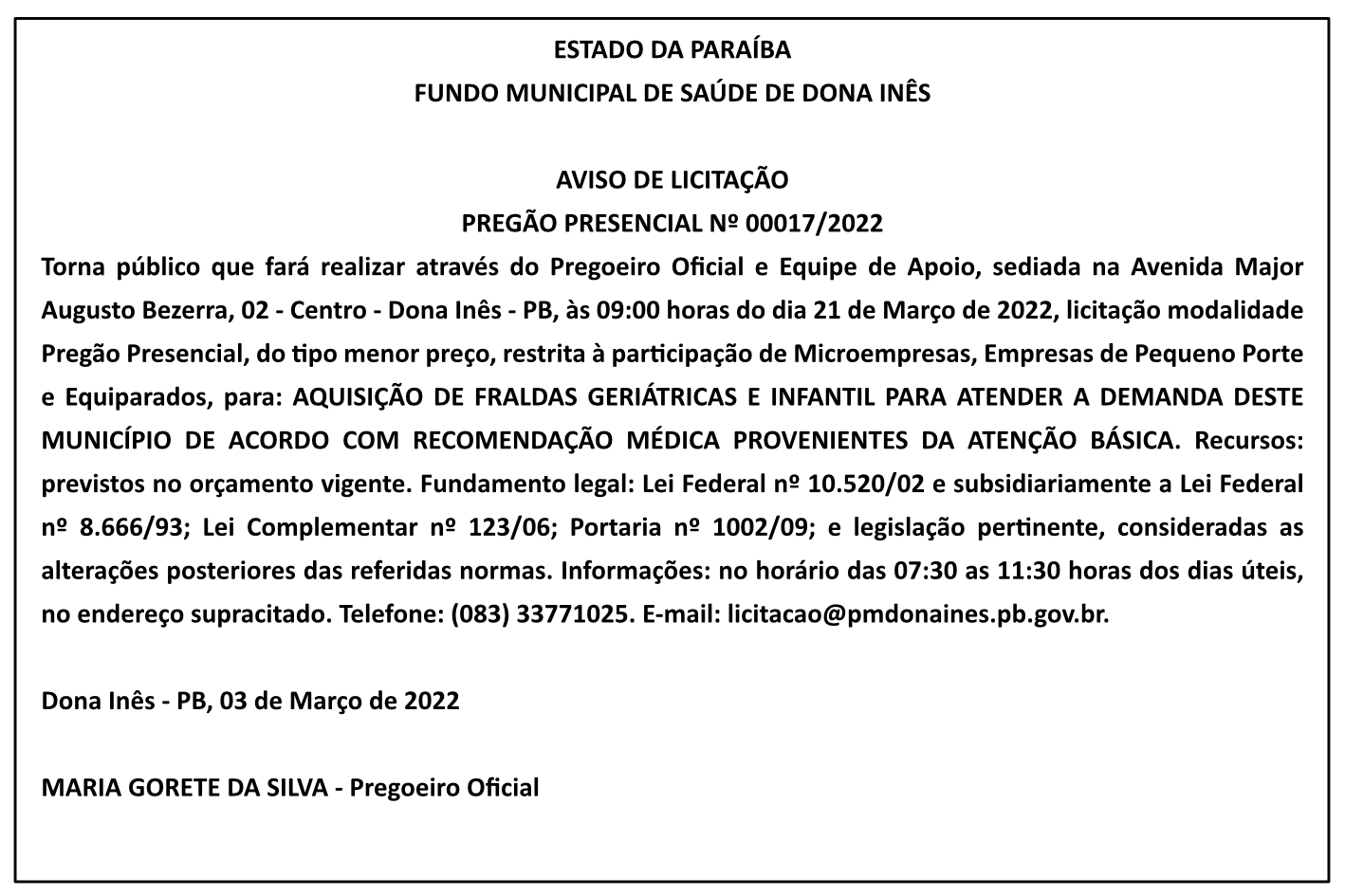 FUNDO MUNICIPAL DE SAÚDE DE DONA INÊS – AVISO DE LICITAÇÃO – PREGÃO PRESENCIAL Nº 00017/2022