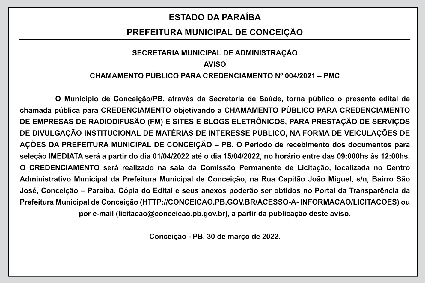 PREFEITURA MUNICIPAL DE CONCEIÇÃO- CHAMAMENTO PÚBLICO PARA CREDENCIAMENTO Nº  004/2021 – PMC