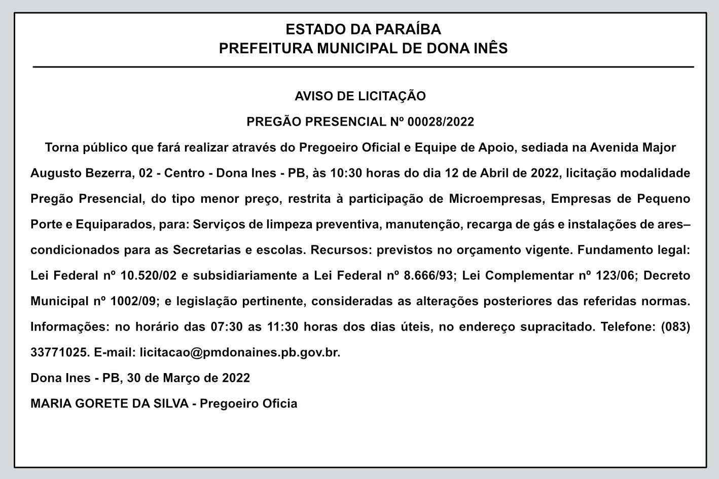 PREFEITURA MUNICIPAL DE DONA INÊS – AVISO DE LICITAÇÃO – PREGÃO PRESENCIAL Nº 00028/2022