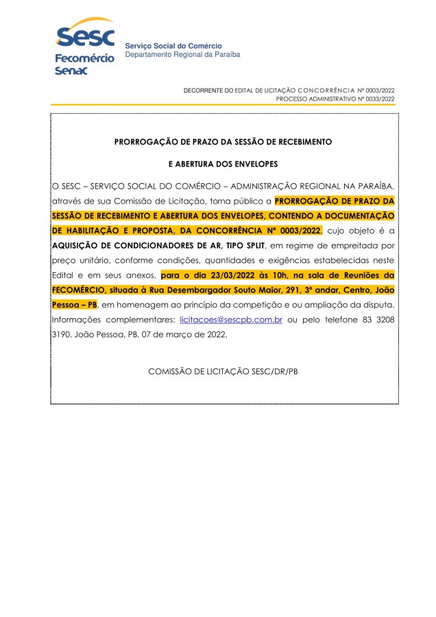 SESC – PRORROGAÇÃO DE PRAZO DA SESSÃO DE RECEBIMENTO E ABERTURA DOS ENVELOPES