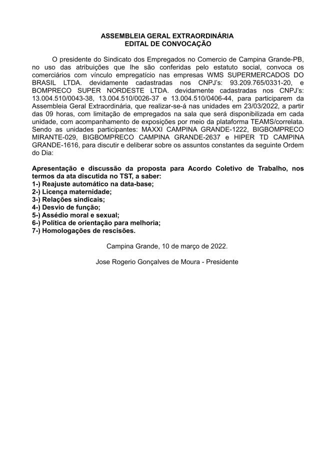 Sindicato dos Empregados no Comercio de Campina Grande-PB – Edital de Convocação de Assembleia Geral Extraordinária