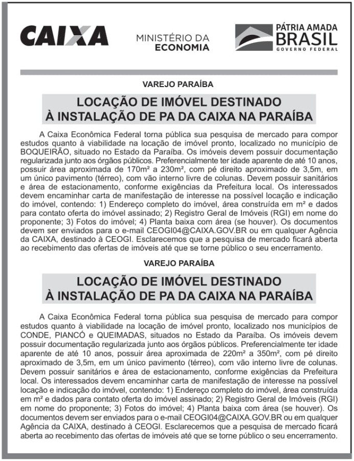 CAIXA ECONÔMICA FEDERAL – DF – LOCAÇÃO DE IMÓVEIS DESTINADOS À INSTALAÇÃO DE PAs DA CAIXA NA PARAÍBA