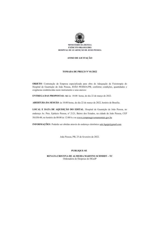 HOSPITAL DE GUARNIÇÃO DE JOÃO PESSOA – AVISO DE LICITAÇÃO – TOMADA DE PREÇO Nº 01/2022