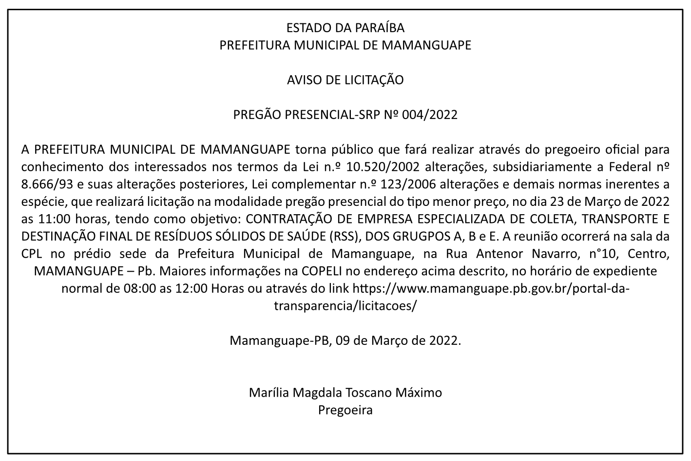 PREFEITURA MUNICIPAL DE MAMANGUAPE – AVISO DE LICITAÇÃO – PREGÃO PRESENCIAL-SRP Nº 004/2022