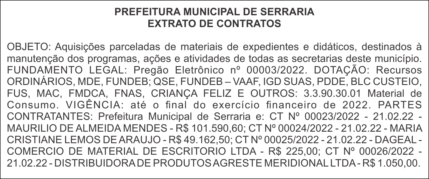PREFEITURA MUNICIPAL DE SERRARIA – EXTRATO DE CONTRATOS