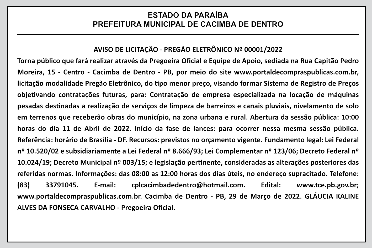 PREFEITURA MUNICIPAL DE CACIMBA DE DENTRO – AVISO DE LICITAÇÃO – PREGÃO ELETRÔNICO Nº 00001/2022