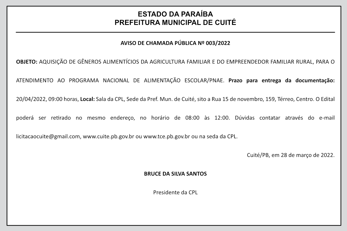 PREFEITURA MUNICIPAL DE CUITÉ – AVISO DE CHAMADA PÚBLICA Nº 003/2022
