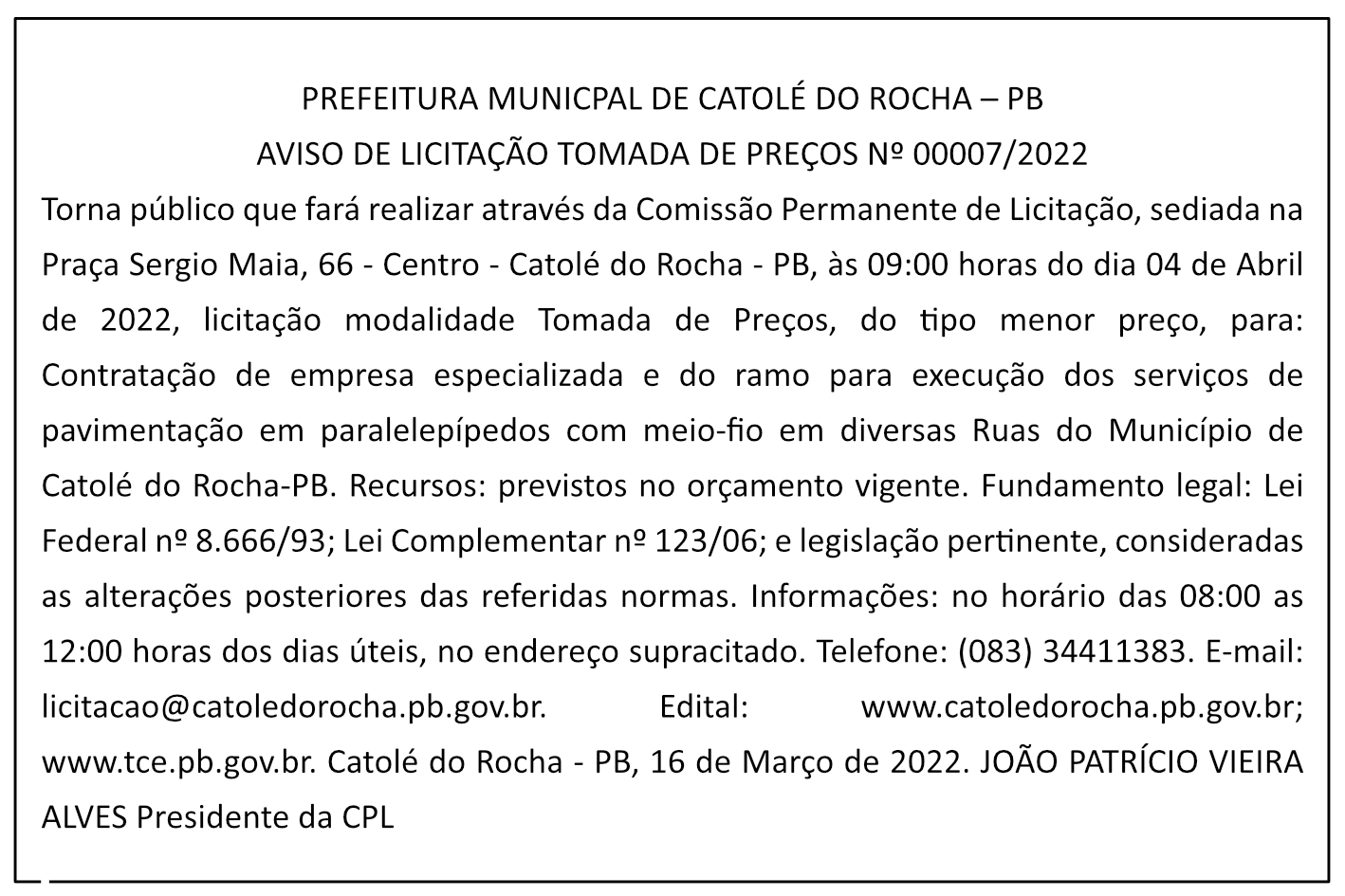 PREFEITURA MUNICPAL DE CATOLÉ DO ROCHA – PB – AVISO DE LICITAÇÃO – TOMADA DE PREÇOS Nº 00007/2022