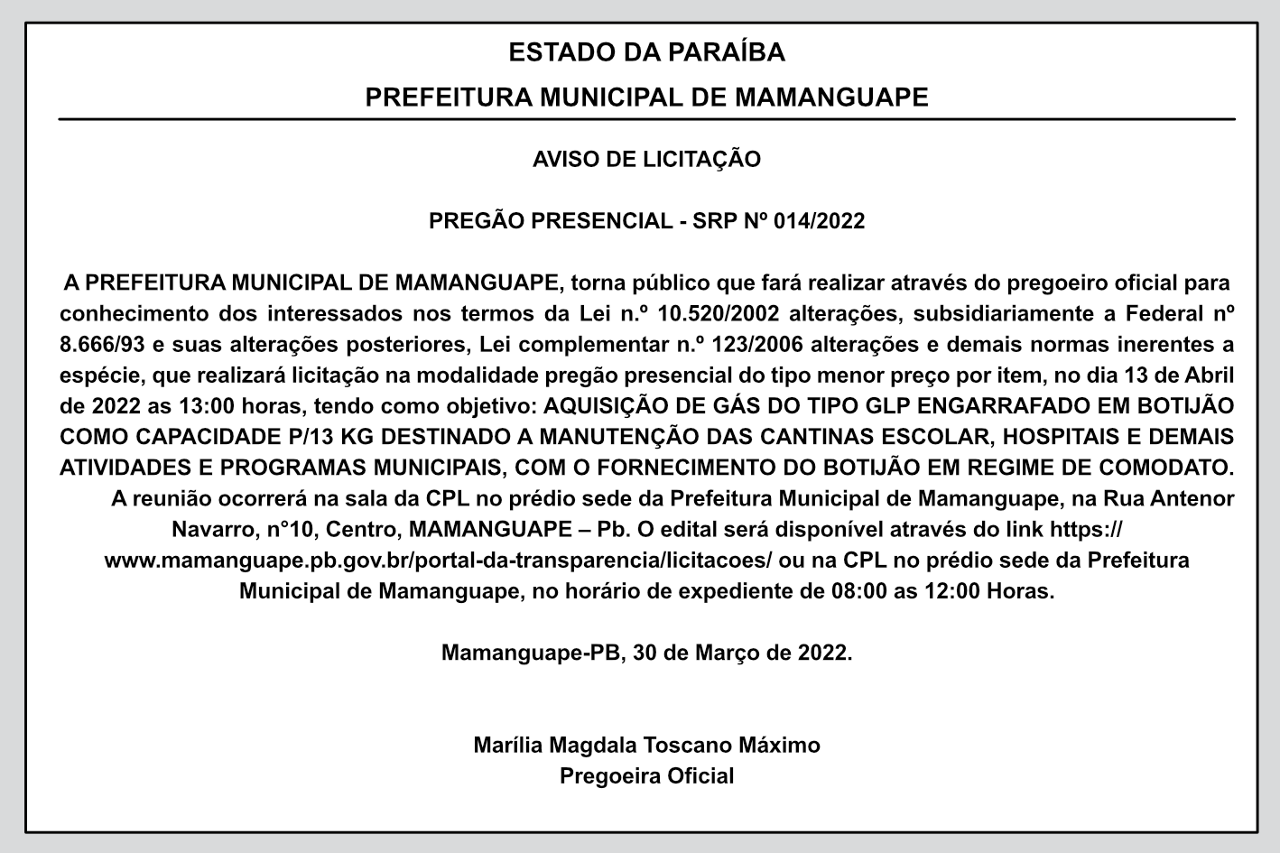 PREFEITURA MUNICIPAL DE MAMANGUAPE – AVISO DE LICITAÇÃO – PREGÃO PRESENCIAL-SRP Nº 014/2022