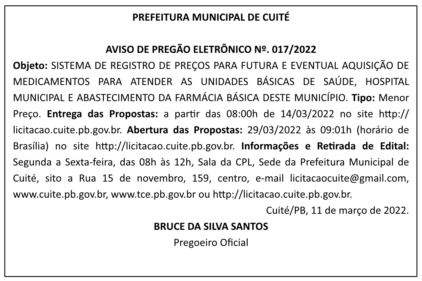 PREFEITURA MUNICIPAL DE CUITÉ – AVISO DE PREGÃO ELETRÔNICO Nº 017/2022