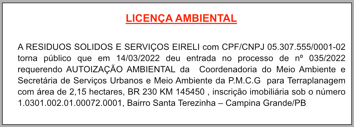 RESIDUOS SOLIDOS E SERVIÇOS EIRELI – LICENÇA AMBIENTAL