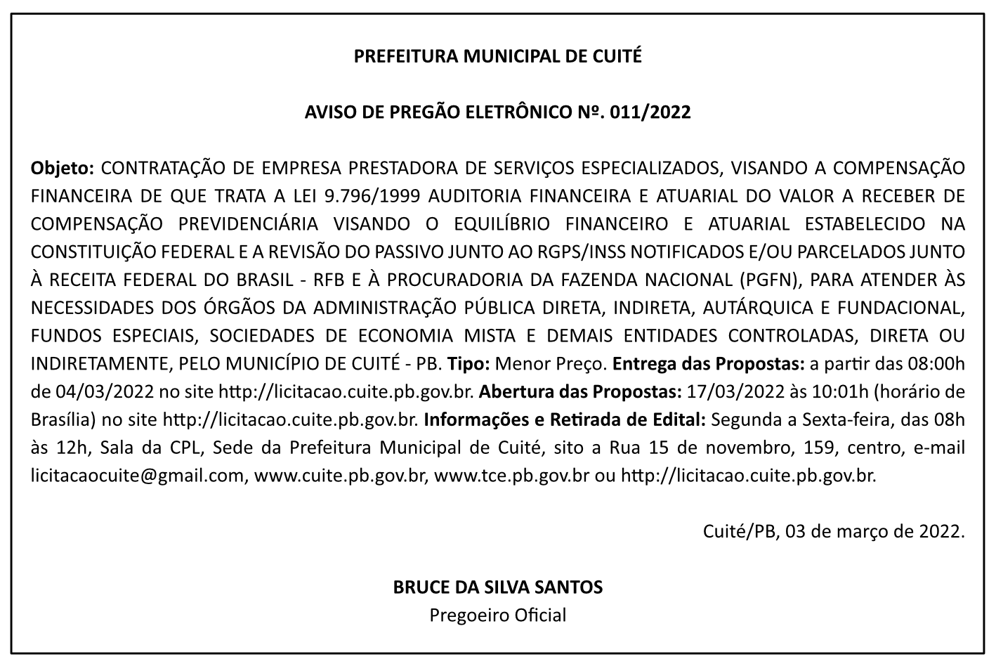 PREFEITURA MUNICIPAL DE CUITÉ – AVISO DE PREGÃO – ELETRÔNICO Nº 011/2022