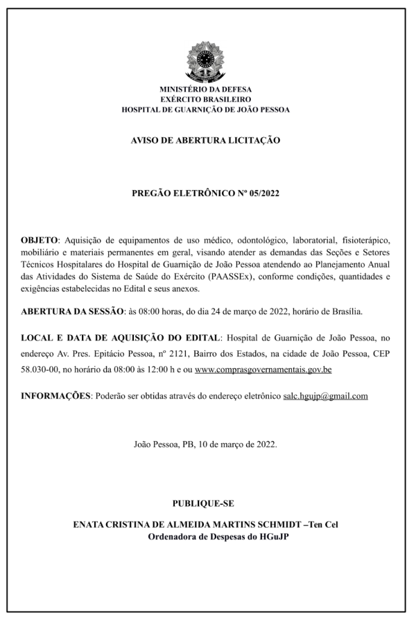 HOSPITAL DE GUARNIÇÃO DE JOÃO PESSOA  – AVISO DE ABERTURA LICITAÇÃO – PREGÃO ELETRÔNICO No 05/2022
