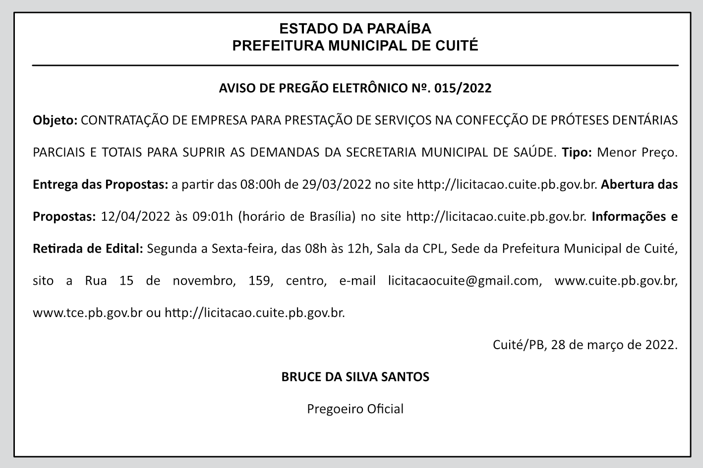 PREFEITURA MUNICIPAL DE CUITÉ – AVISO DE PREGÃO ELETRÔNICO Nº. 015/2022