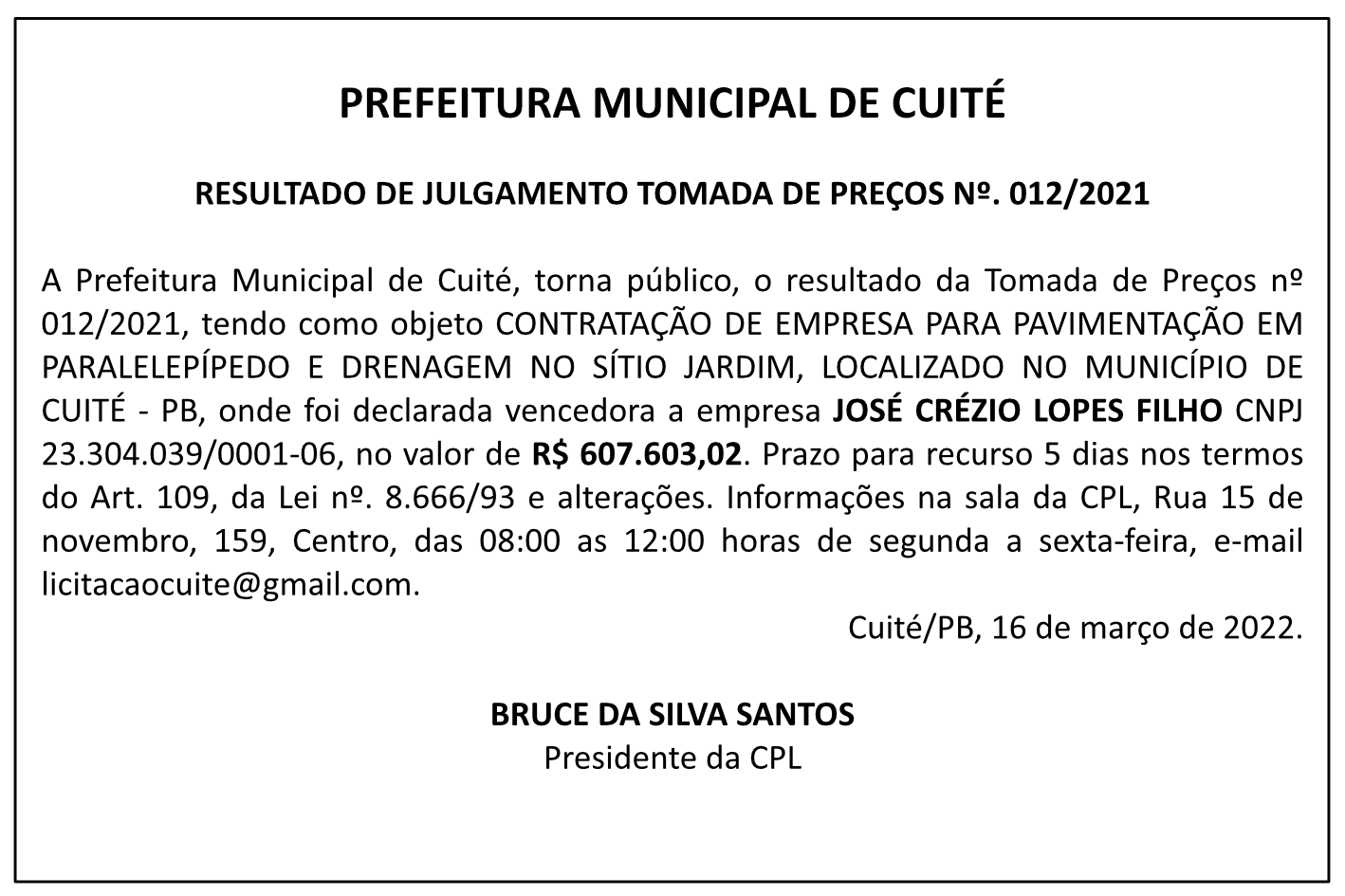 PREFEITURA MUNICIPAL DE CUITÉ – RESULTADO DE JULGAMENTO – TOMADA DE PREÇOS Nº 012/2021