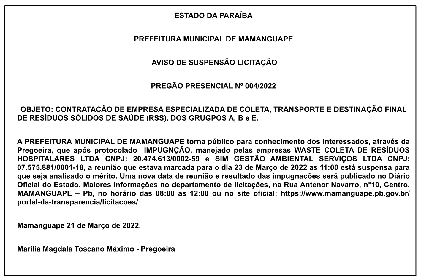 PREFEITURA MUNICIPAL DE MAMANGUAPE – AVISO DE SUSPENÇÃO LICITAÇÃO – PREGÃO PRESENCIAL Nº 004/2022