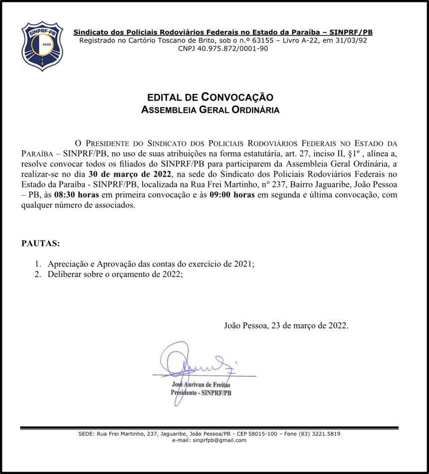 SINPRF/PB – EDITAL DE CONVOCAÇÃO – ASSEMBLEIA GERAL ORDINÁRIA