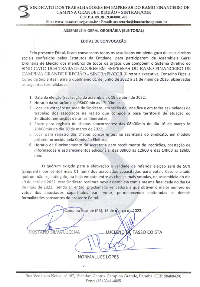 SINTRAFI/CGR – EDITAL DE CONVOCAÇÃO – ASSEMBLEIA GERAL ORDINÁRIA (ELEITORAL)