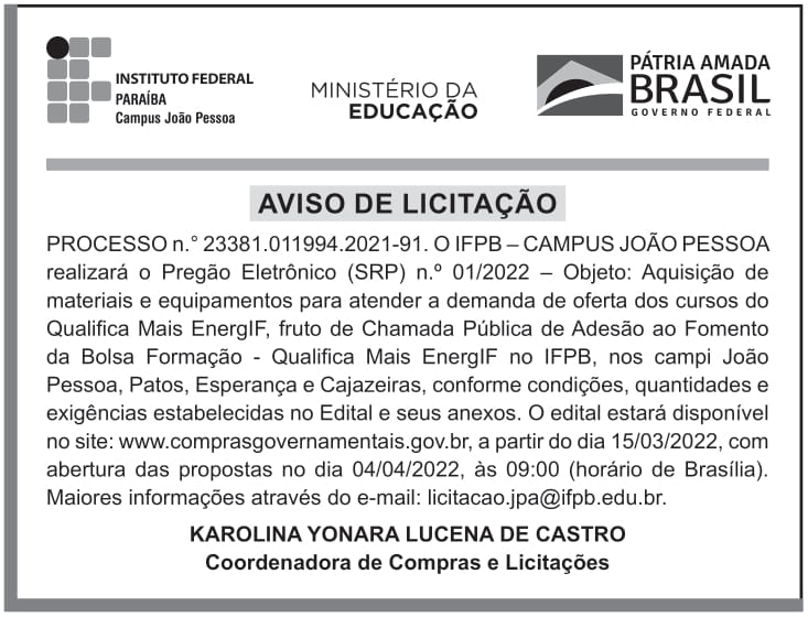 IFPB – PB – CAMPUS JOÃO PESSOA – Pregão Eletrônico SRP nº 01/2022