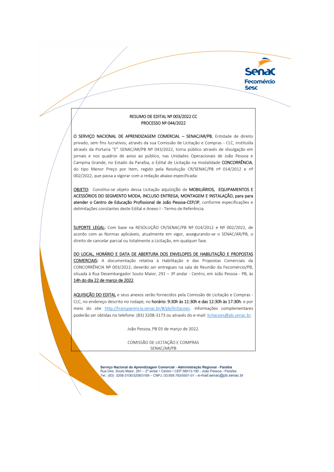 SENAC – RESUMO DE EDITAL Nº 003/2022 CC – PROCESSO Nº 044/2022