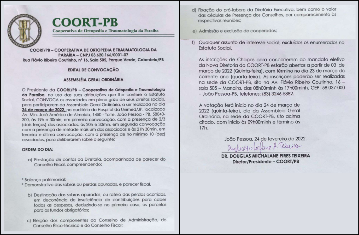 COORT/PB – EDITAL DE CONVOCAÇÃO – ASSEMBLEIA GERAL ORDINÁRIA