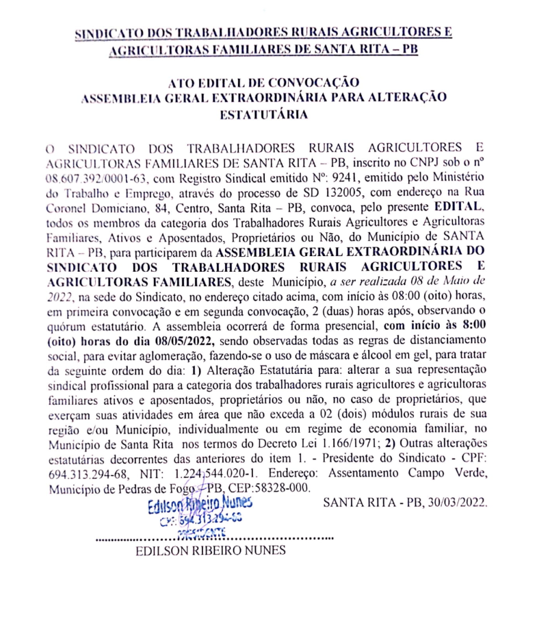 SINDICATO DOS TRABALHADORES RURAIS AGRICULTORES E AGRICULTORAS FAMILIARES DE SANTA RITA/PB – EDITAL DE CONVOCAÇÃO