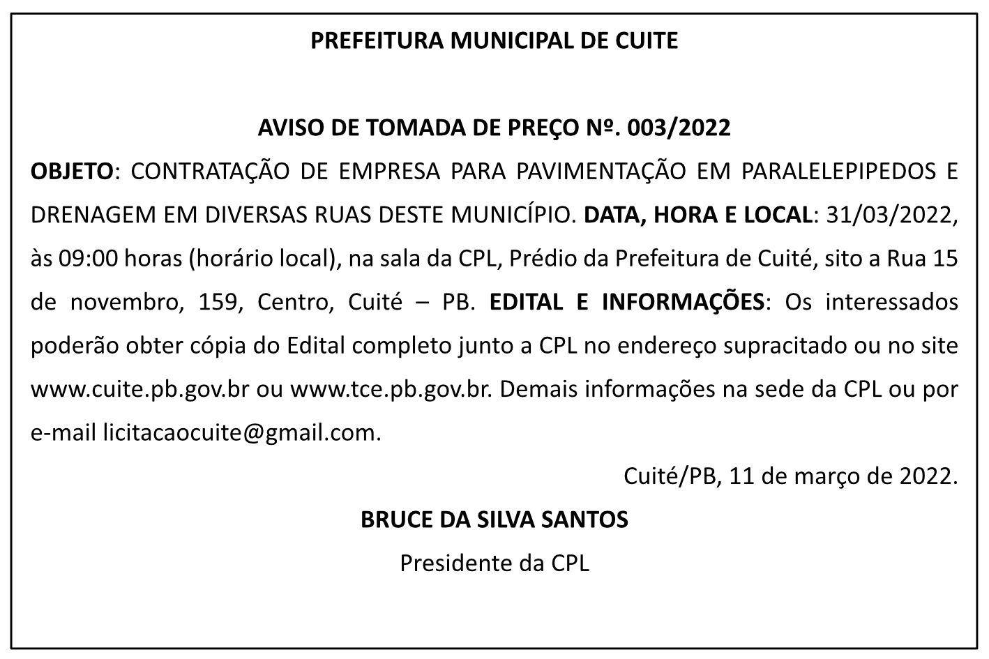 PREFEITURA MUNICIPAL DE CUITE – AVISO DE TOMADA DE PREÇO Nº 003/2022